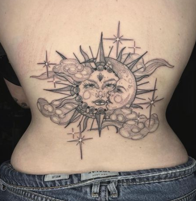 Brightening Sun & Moon Lower Back Tattoo