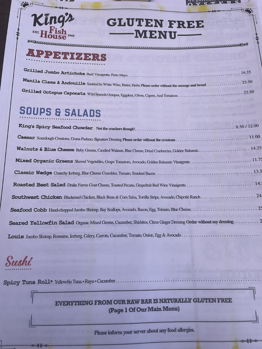 Gluten Free Menu