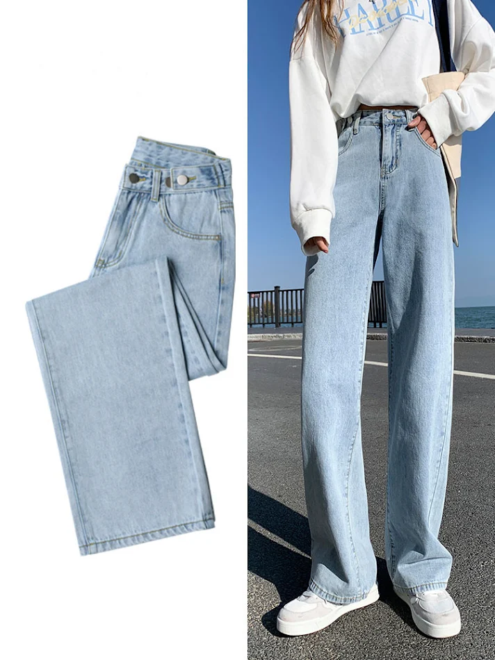 Jeans a vita alta da donna, dritti e larghi, perfetti per donne alte e magre. Offrono comfort, vestibilità impeccabile e un look alla moda.