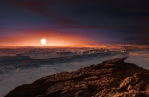 Concepto artístico de la superficie de Próxima B. En el horizonte se puede ver a Próxima Centauri y, en la lejanía, al sistema binario que forman Alfa Centauri A y B. Crédito: ESO/M. Kornmesser