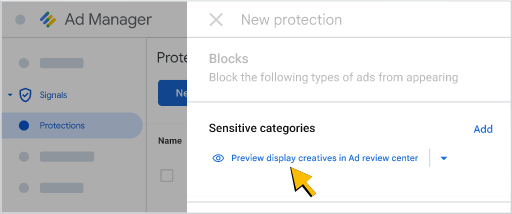 Exemplo de onde adicionar um bloqueio de "Categorias sensíveis" nas proteções do Google Ad Manager