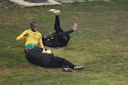 Evidence Makgopa celebrates his goal with teammates during the International Friendly match between South Africa and Uganda at Orlando Stadium.