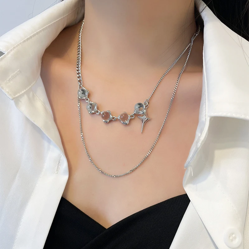 Sweet Cool Hot Girl Light Luxury transparante ronde kralen asterisme ketting voor een stijlvolle en glamoureuze uitstraling.