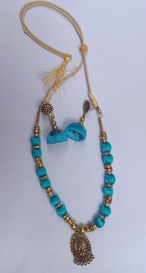 Handcrated Blue Silk Thread Necklace and Earrings