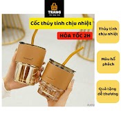 Cốc Thủy Tinh Có Nắp Bọc Da Kèm Ống Hút, Ly Thủy Tinh Gorgous Giữ Nhiệt Bọc Da Màu Hổ Phách, Quà Tặng Sinh Nhật