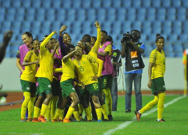 Banyana Banyana star winger Thembi Kgatlana leads a celebration with her teammates after scoring the opening goal in a 2-0 semifinal win over Mali at Cape Coast Stadium in Ghana on November 27 2018. SA will meet Nigeria in the African Women's Championship final on Saturday December 1 2018.