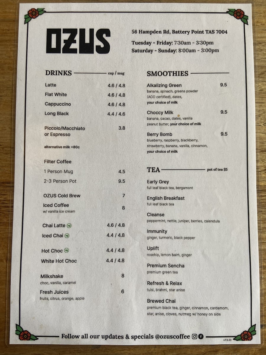 Ozus Coffee gluten-free menu