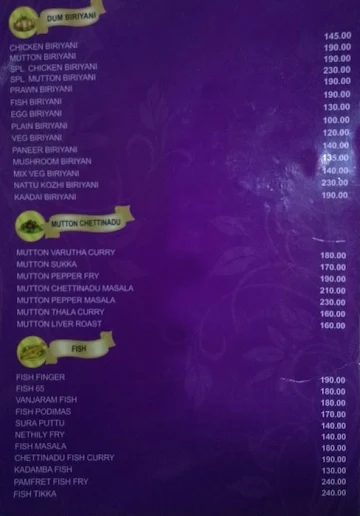 Karaikudi Chettinadu Mess menu 