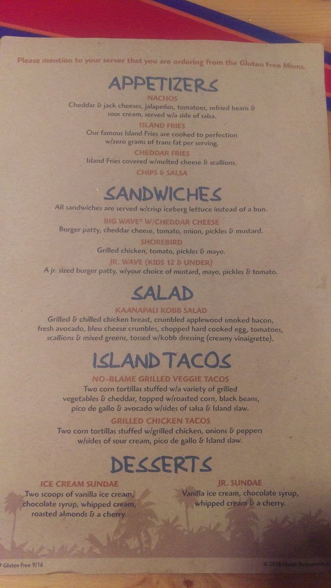 Islands Fine Burgers and Drinks gluten-free menu