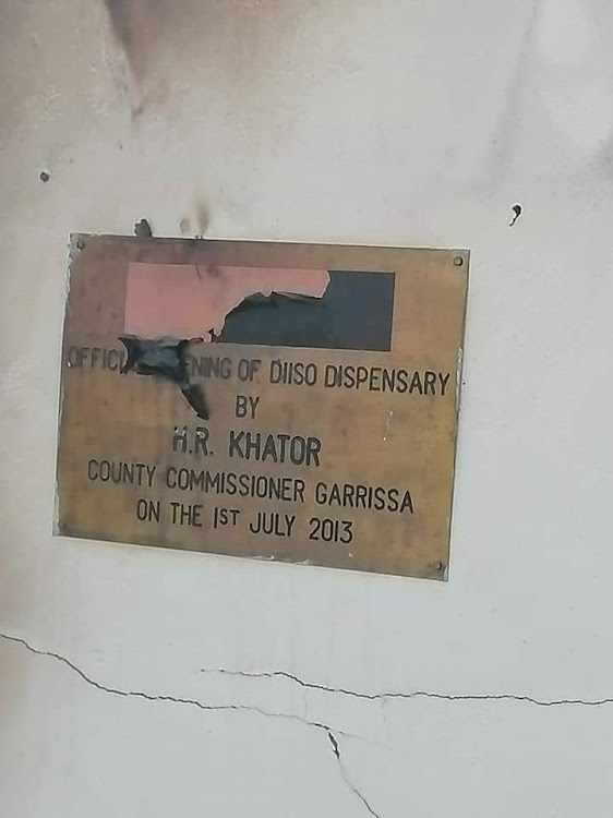 Section of Diiso dispensary wall which was left with cracks coming from the rocket propelled grenade which was hurled at the facility by Al-Shabaab in the year 2019