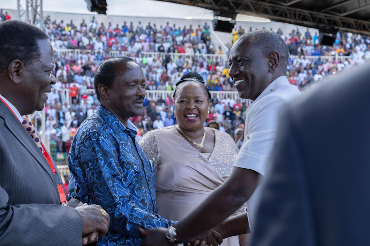 President William Ruto with Wiper leader Kalonzo Musyoka during the Benny Hinn Mega crusade at Nyayo Stadium on February 25, 2024.