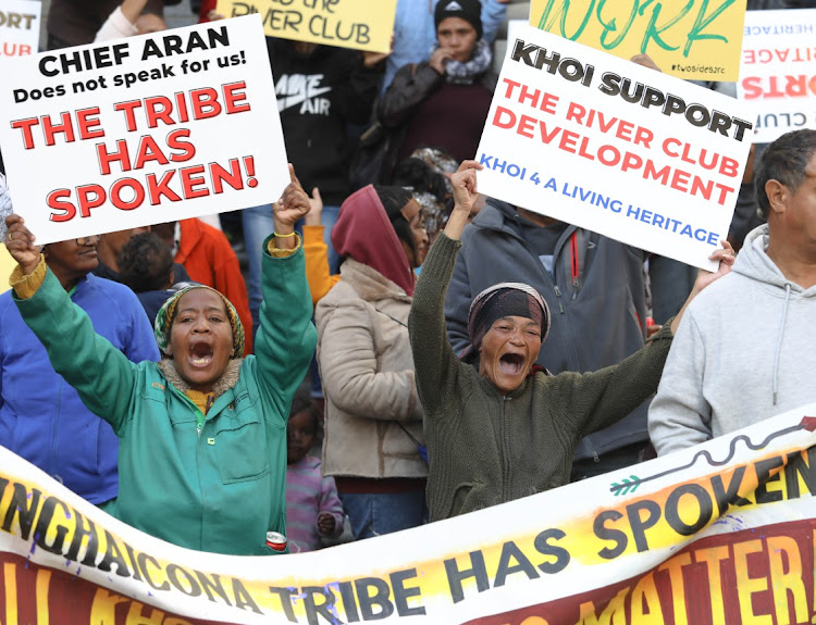 Khoisan groups, those for and against, protest outside court over the construction of the planned Amazon headquarters in Cape Town. Picture: ESA ALEXANDER