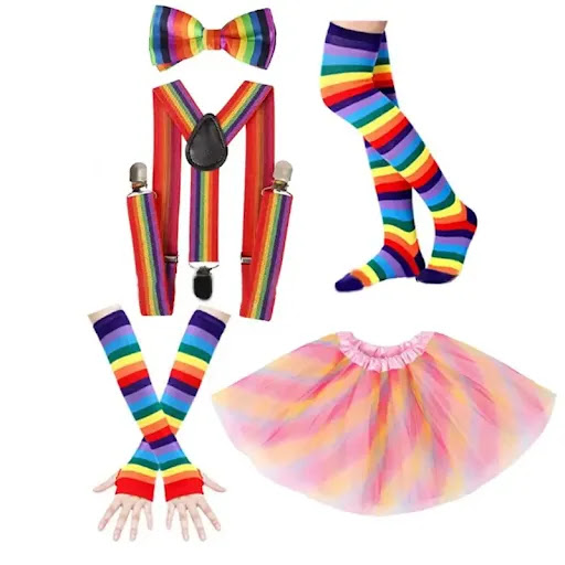 Title 5, Neon Ball Party Outfit featuring rainbow stripe...