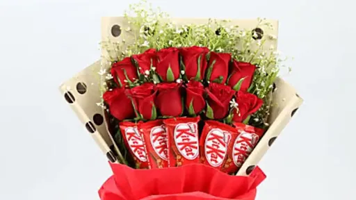 Chocolate Truffle Cake And 12 Red Rose 5 KitKat Bunch