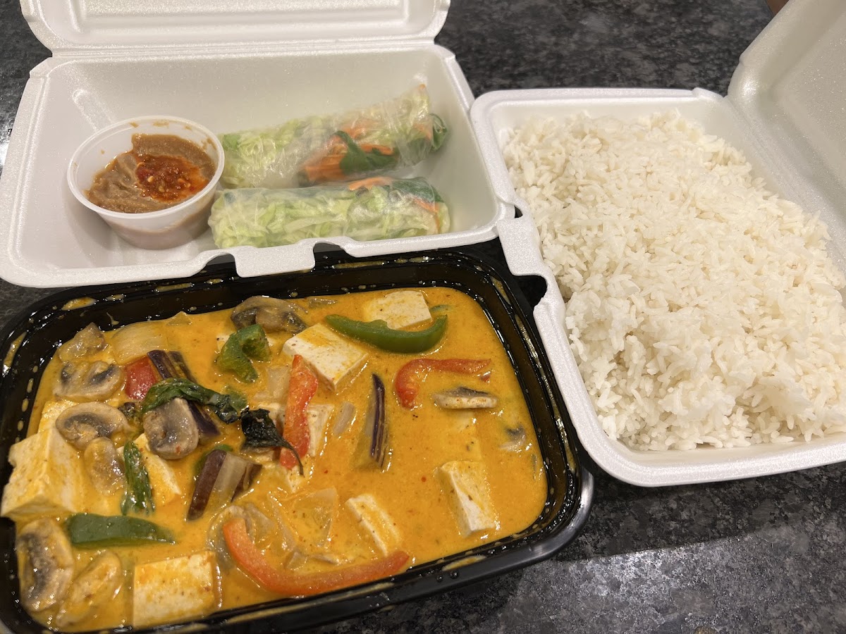 Fresh roll, Pad Ped curry with steamed tofu, Rice