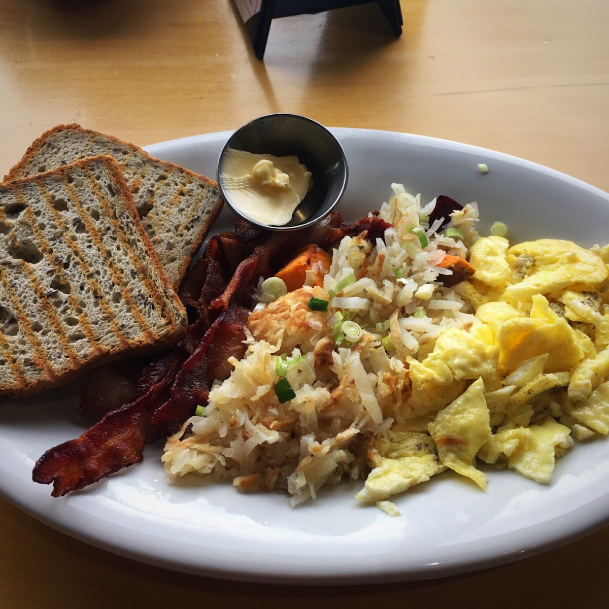 Traditional breakfast with a side of Gluten free toast.