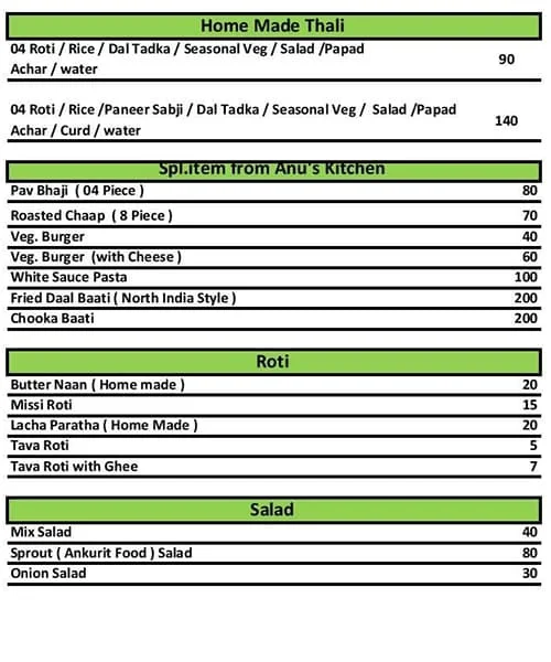 Anu's Kitchen menu 