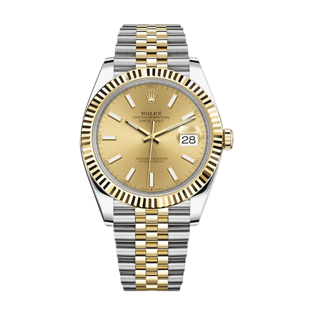 A Rolex Datejust watch with a two toned coloring. Steel and gold, with a gold dial.