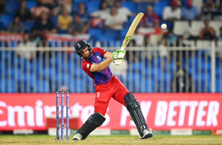 Jos Buttler of England hits out during the T20 World Cup match against Sri Lanka at Sharjah Cricket Stadium on November 1, 2021 in Sharjah