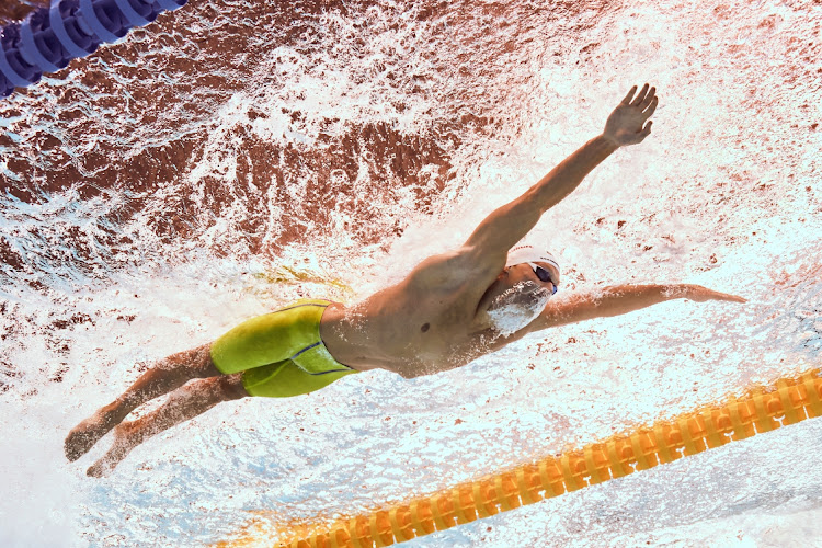 Matthew Sates in action in the 200m butterfly semifinals at the world championships in Doha. The photo was taken with a remote camera.