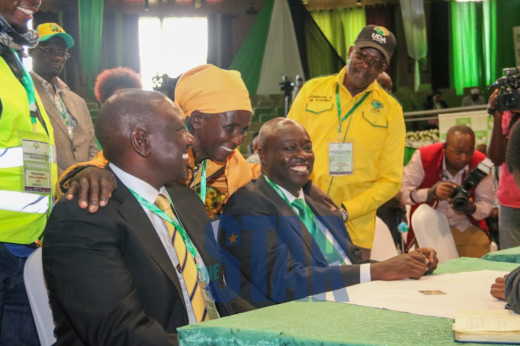 UDA presidential candidate William Ruto and his running mate Rigathi Gachagua at Bomas of Kenya during the IEBC clearance process ahead of the general elections on June 4, 2022.