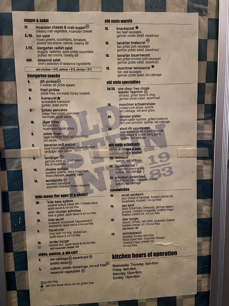 Old Stein Inn gluten-free menu