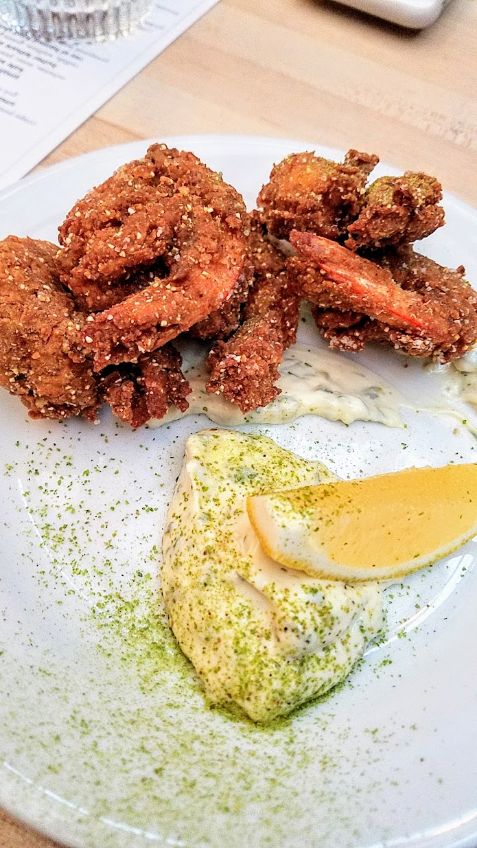 Ras El Hanout Fried Shrimp with preserved lemon tartar, shishito powder at Radar Restaurant on North Mississippi, Portland