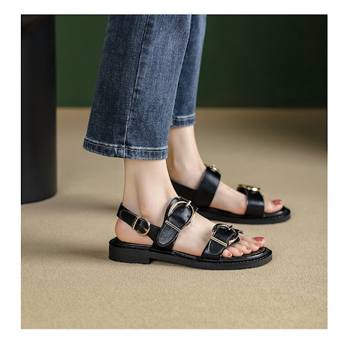 Title 6, Cowhide Belt Buckle Ankle-Strap Sandals Low Hee...