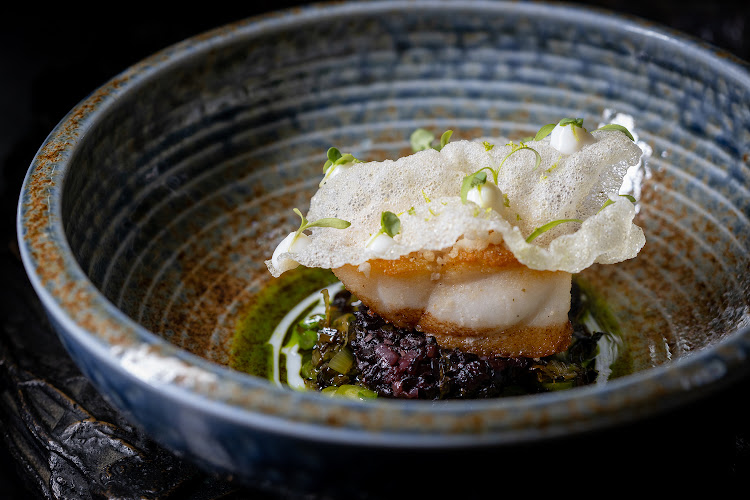 Salsify's Pan roasted linefish, baked black rice & spiced lemongrass cream.