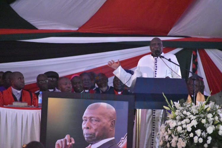 Retired Bishop Silas Yego speaks during Mzee Moi's funeral service in Kabarak.