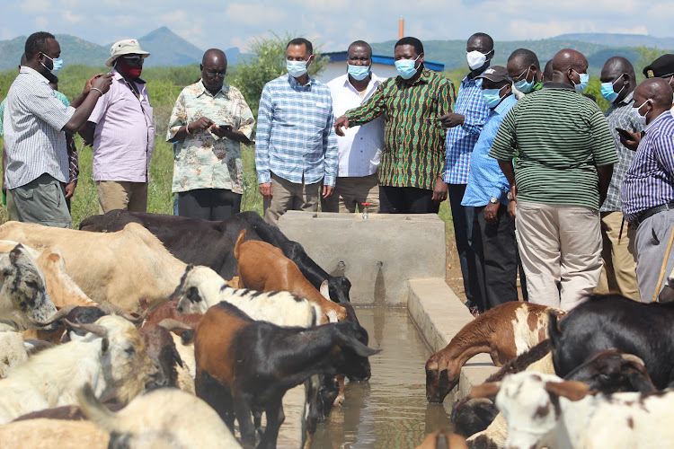 Devolution CS Eugene Wamalwa, Turkana Governor Josphat Nanok with other leaders mark the anniversary of the Kenya-Uganda cross-border peace and development accord in Urum, Loima subcounty, Turkana, on Sunday, September 13.