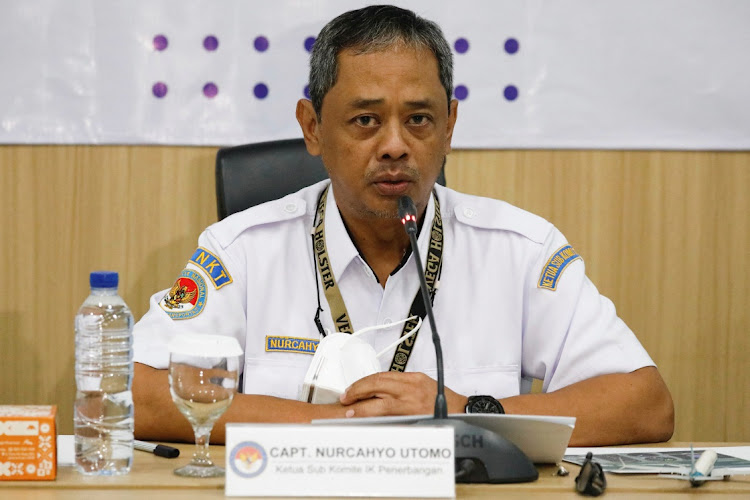 Head of the Sub Committee of Aircraft Transport Accident Investigation, Nurcahyo Utomo delivers his speech during the final report of a probe into the 2021 crash of Sriwijaya Air Flight SJ 182 in Jakarta, Indonesia, November 10, 2022.