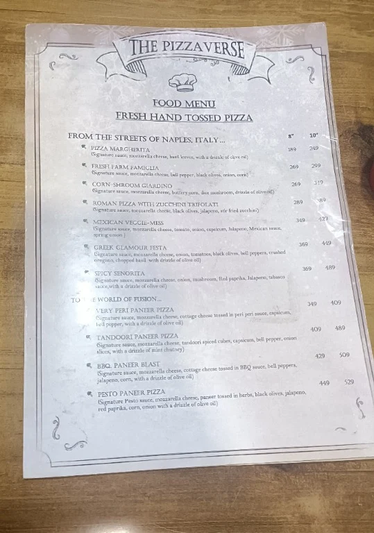 The Pizzaverse menu 