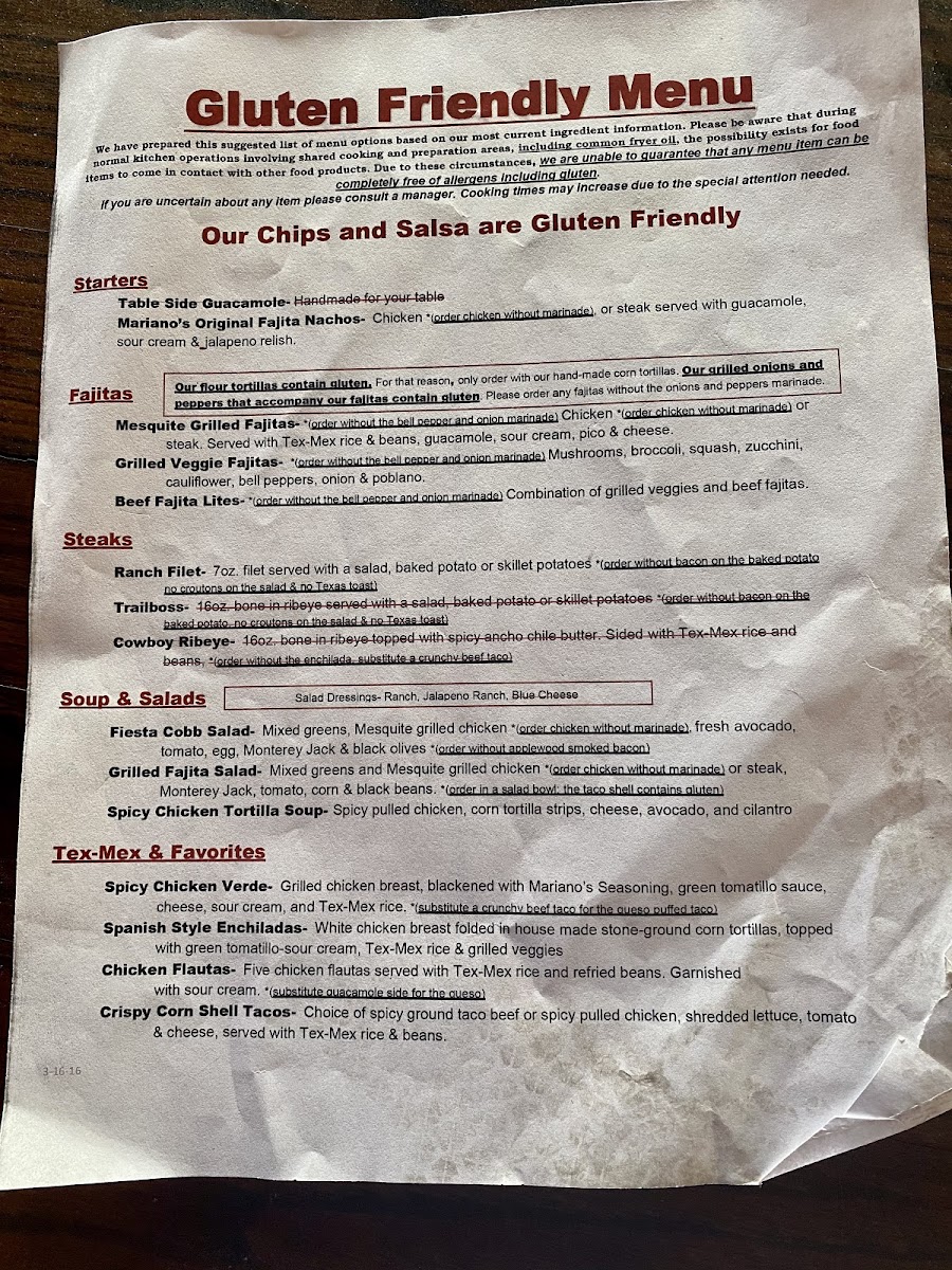 Separate gluten free menu