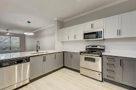 Modern kitchen with shaker style cabinets, stainless steel appliances, and wood-style flooring in an apartment setting.