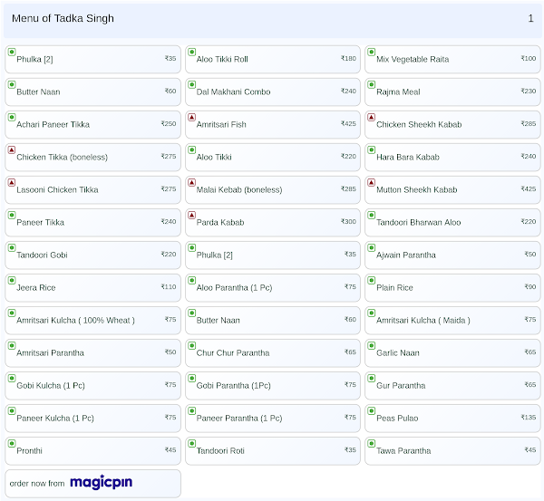 Tadka Singh menu 