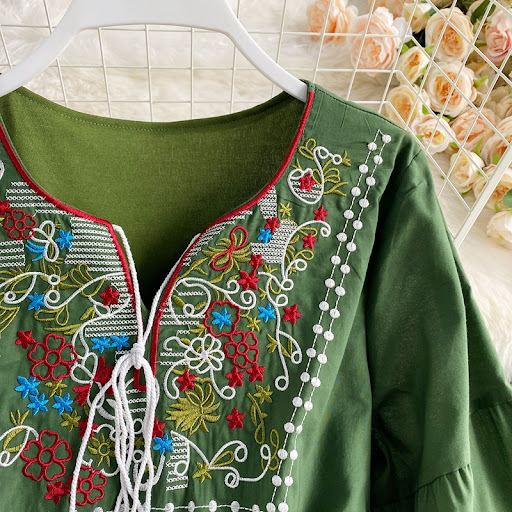 Title 27, Embroidered V-neck Tassel Lace-up Large Swing D...