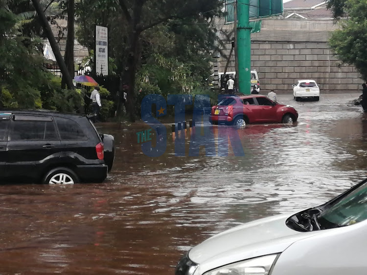 Heavy rains flood a section of Karuna Close due to poor drainage system on February 22, 2022. PHOTO/WILFRED NYANGARESI