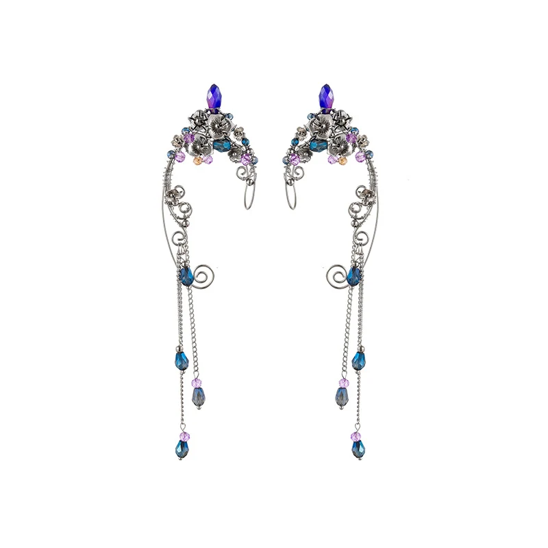 Boucles d'oreilles longues elfe faites à la main sans perçage clip d'oreille avec franges, bijoux de métal, accessoires femme.