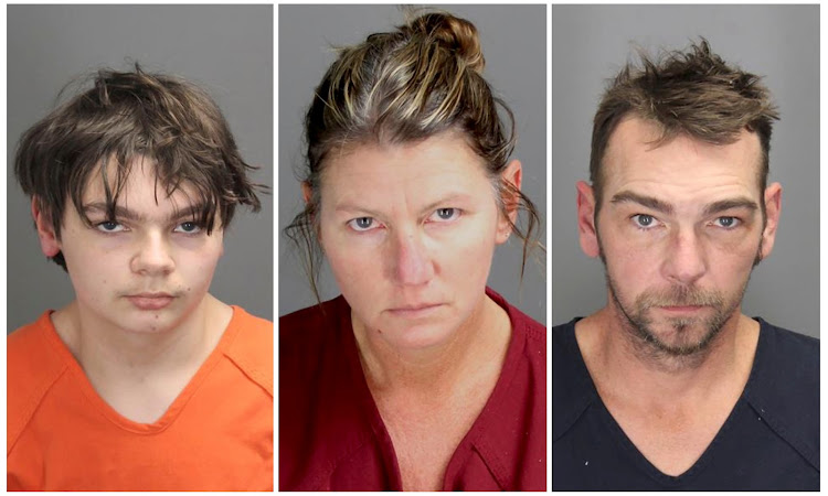 Ethan Robert Crumbley, 15, charged with first-degree murder in a high school shooting, poses in a jail booking photograph taken at the Oakland County Jail in Pontiac, Michigan, along with pictures of his parents Jennifer and James.