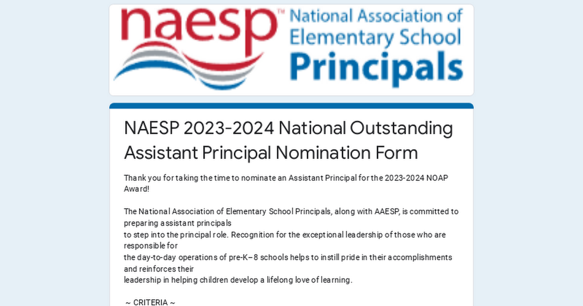 NAESP 2023-2024 National Outstanding Assistant Principal Nomination Form