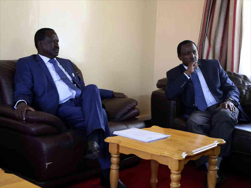 NASA Presidential candidate Raila Odinga and his running mate Kalonzo Musyoka at the bomas of Kenya October 3,2017 for a meeting with IEBC commissioners.Photo/HEZRON NJOROGE