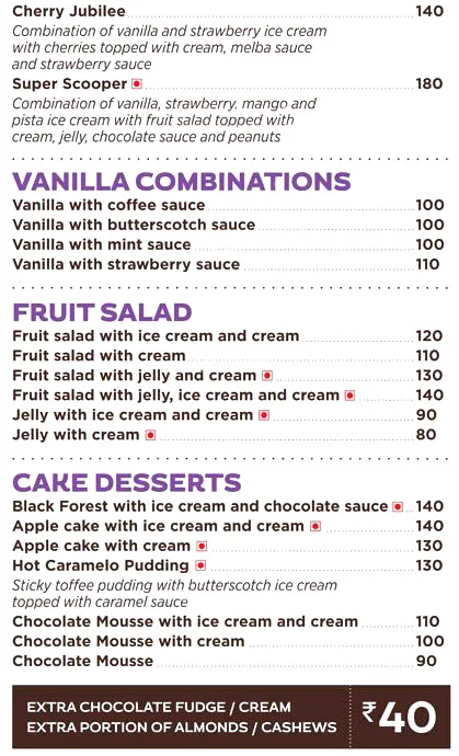 Corner House Ice Cream menu 