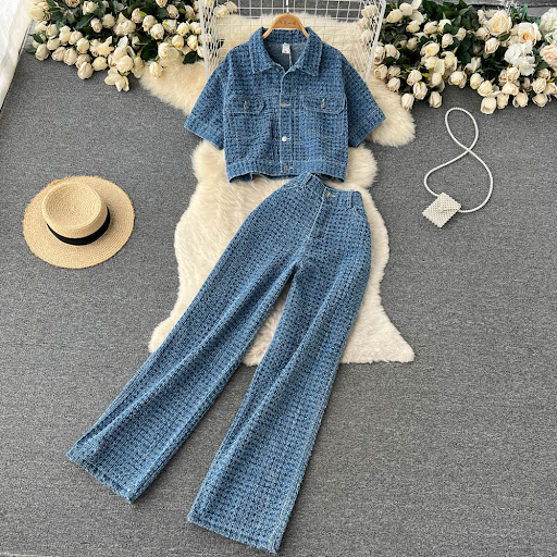 Title 6, Hong Kong Style Denim Suit Two-piece Set, short...