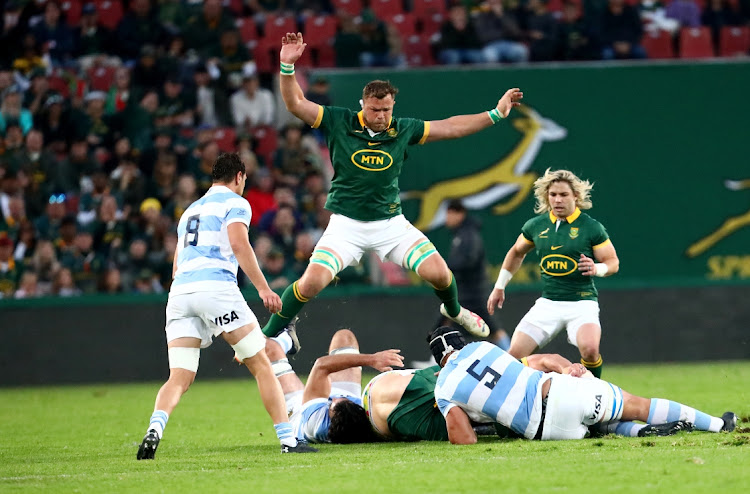 Duane Vermeulen of the Springboks jumps over Argentina players during their rugby championship clash at Emirates Airline Park.