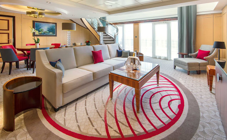 The living area of the elegant two-level Duplex suite on Queen Mary 2. 