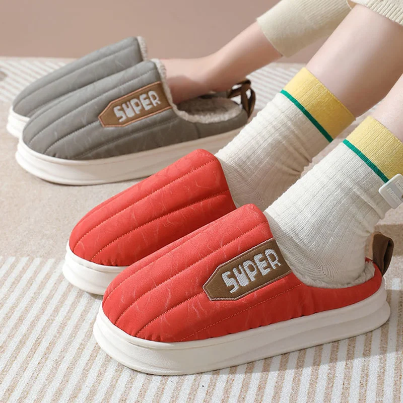 Striped Home Slippers Waterproof Thick-soled Non-slip Indoor Warm Plush Slippers Women's Floor House Shoes Men's Couple 
