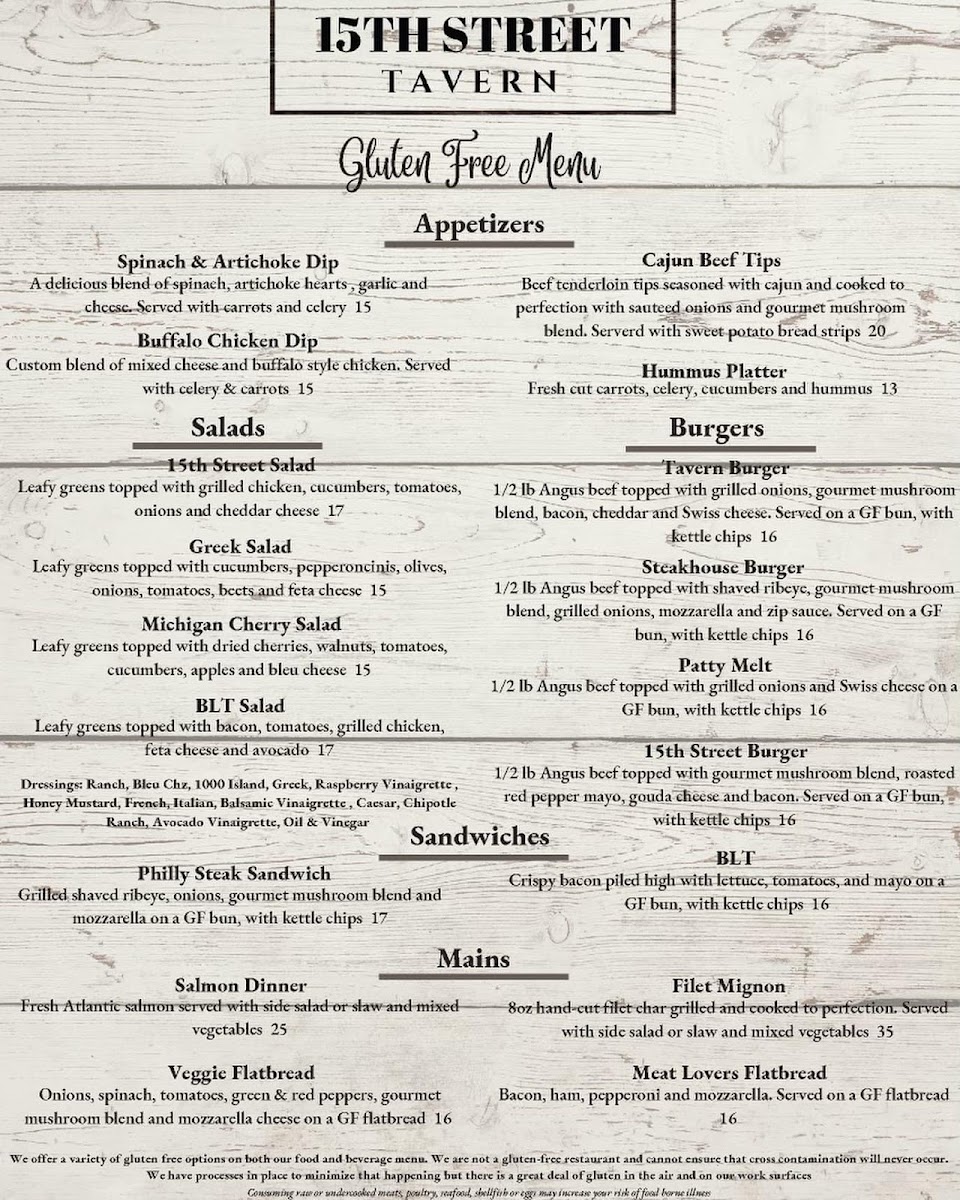 15th Street Tavern gluten-free menu