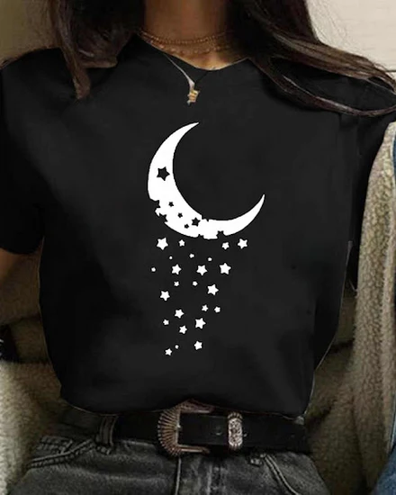 Harajuku Funny 90s Girl Moon Women T Shirt Cartoon Graphi... - 0