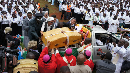 The remains of Sister Irene Stefani ‘Nyaatha’ are removed from a vehicle at St Mary Boys School in Nyeri town yesterday before the starting of the thanksgiving mass.Photo/Wambugu Kanyi